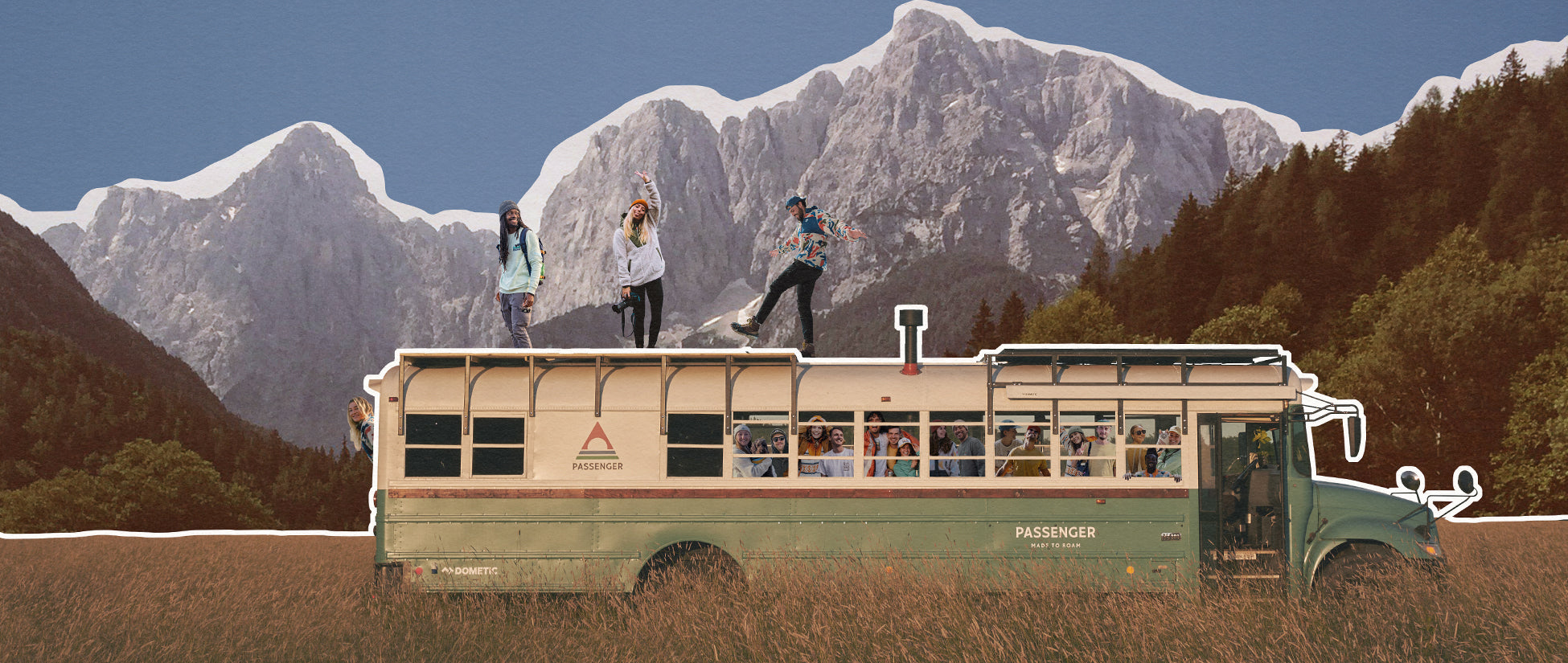 Three people stood atop a bus behind a mountain range creative