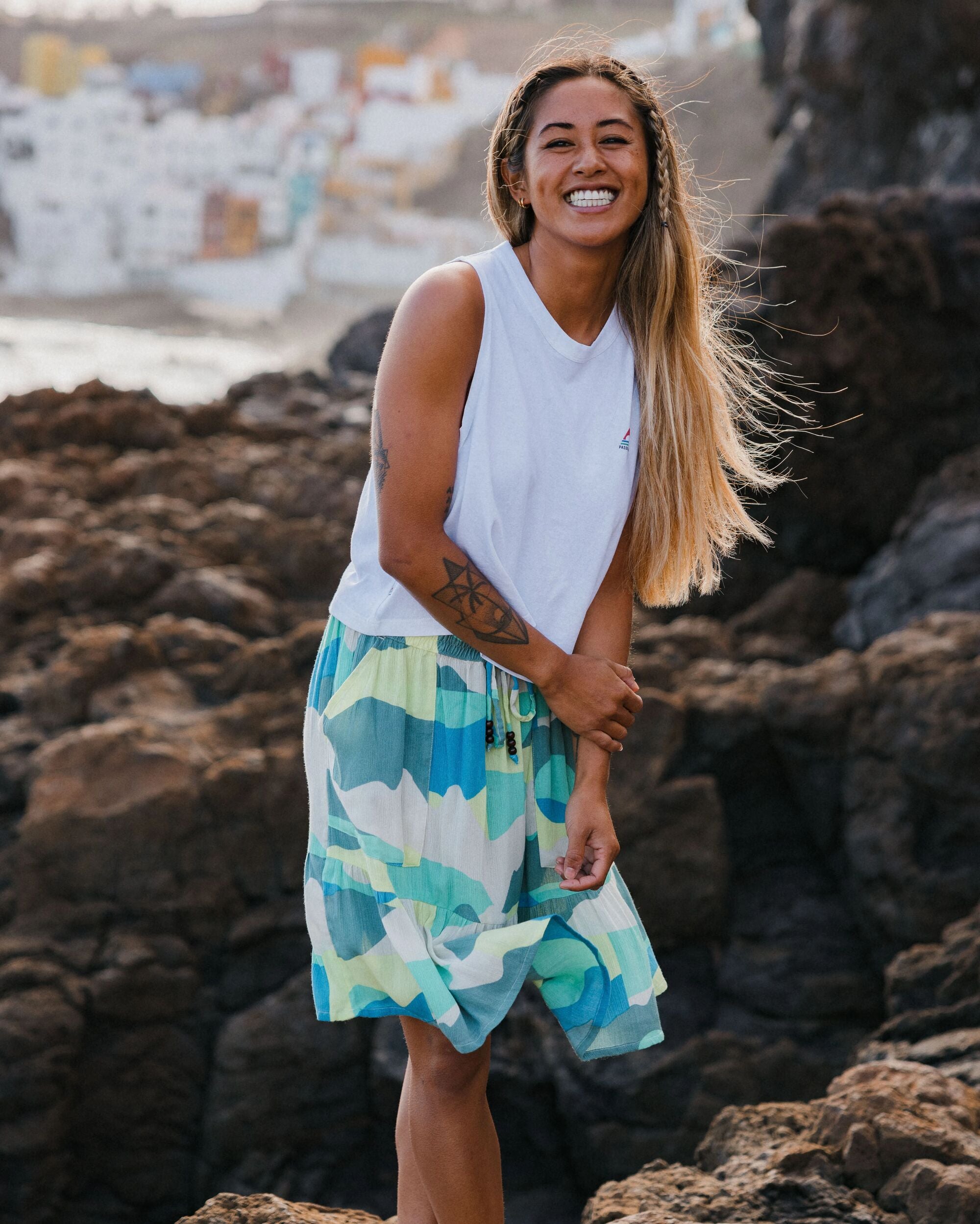 Dew EcoVero Woven Skirt - Vista Patchwork Aqua - Lifestyle