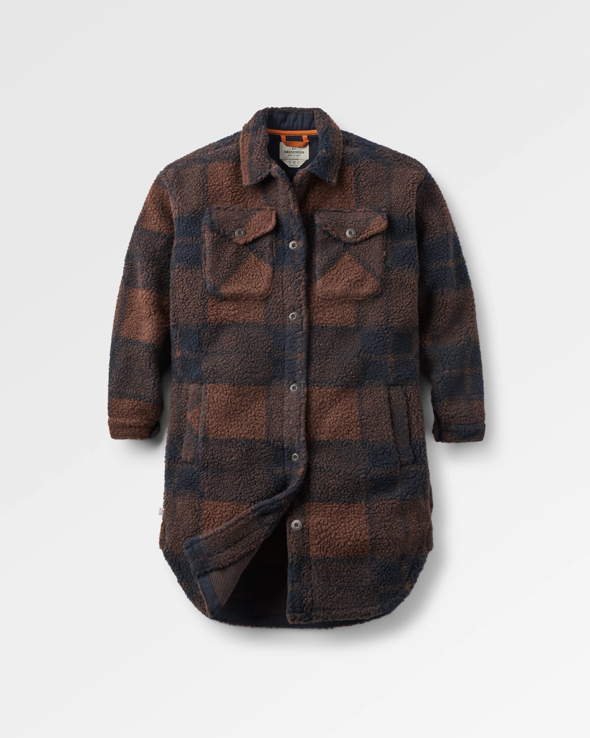 Cloudy Recycled Deep-Pile Sherpa Fleece Shirt - Chestnut/Deep Navy Check - Flatlay