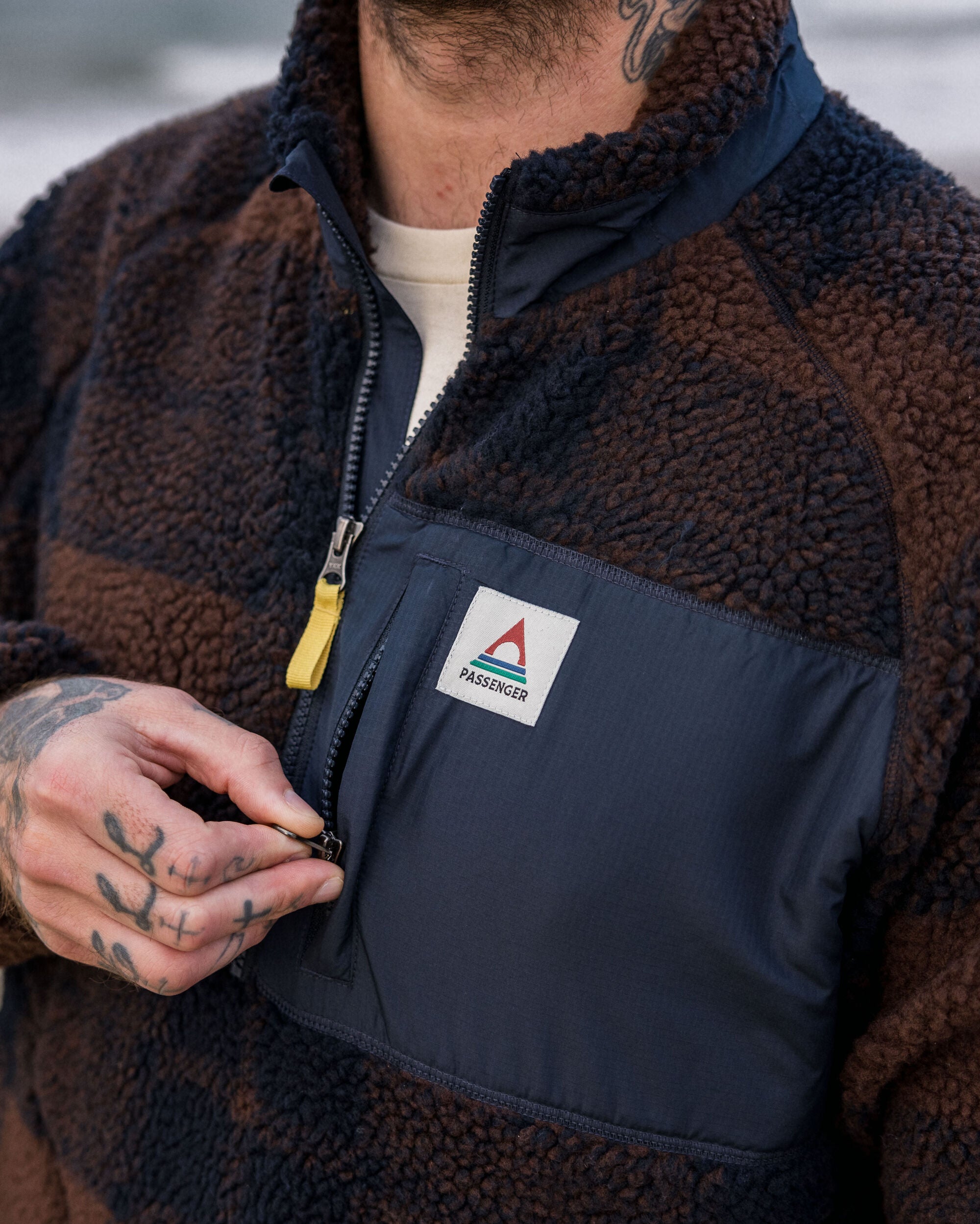 Offroad Recycled Sherpa 1/2 Zip Fleece - Chestnut/Deep Navy Check - Lifestyle