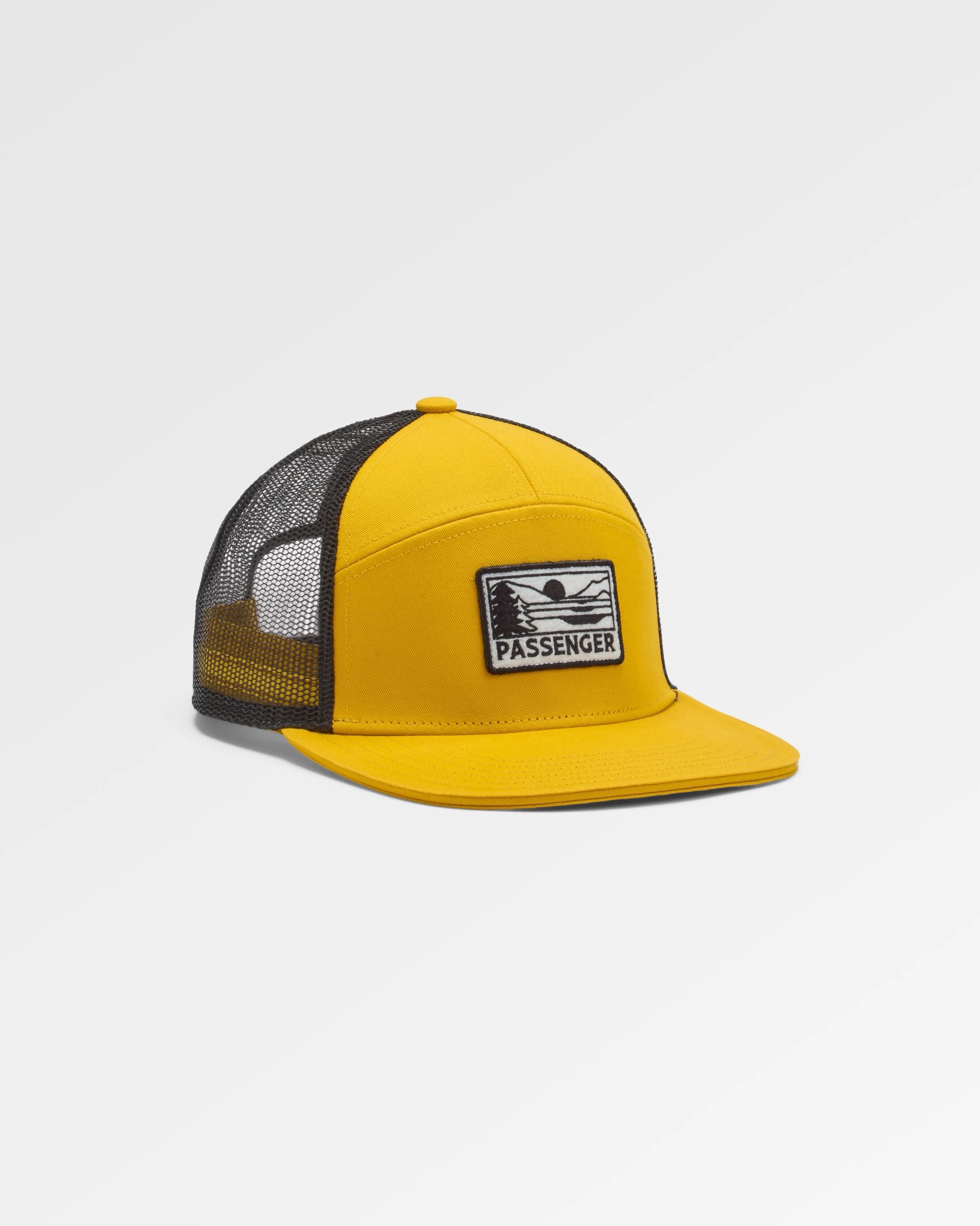 Roamer 7 Panel Organic Cotton Trucker Cap - Spruce Yellow - Flatlay