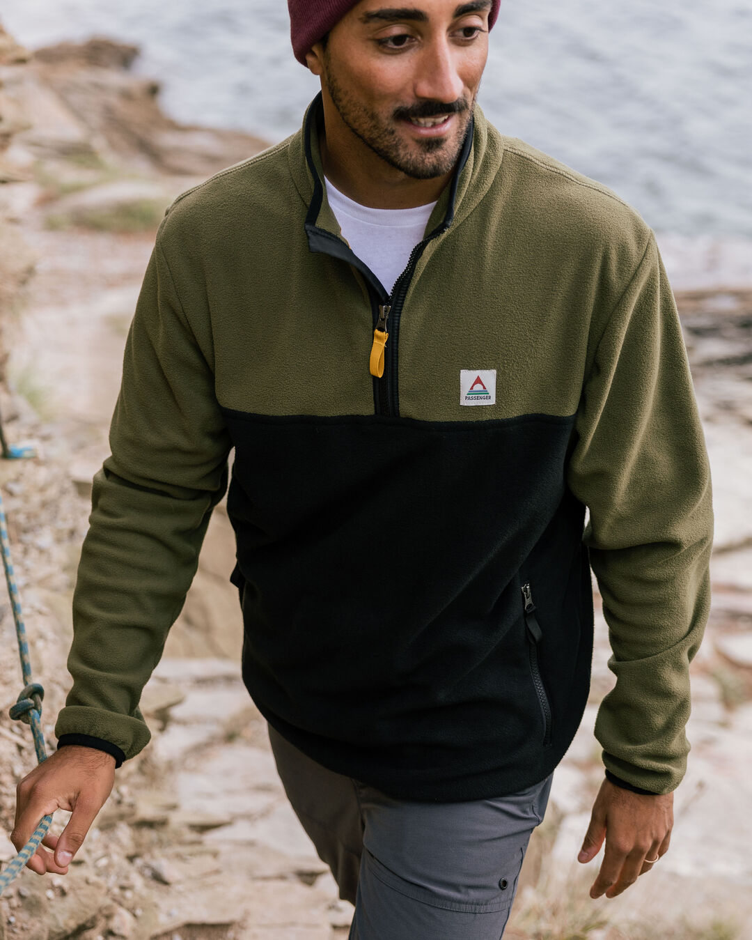 Set Off Recycled Polar 1/4 Zip Fleece - Khaki - Lifestyle