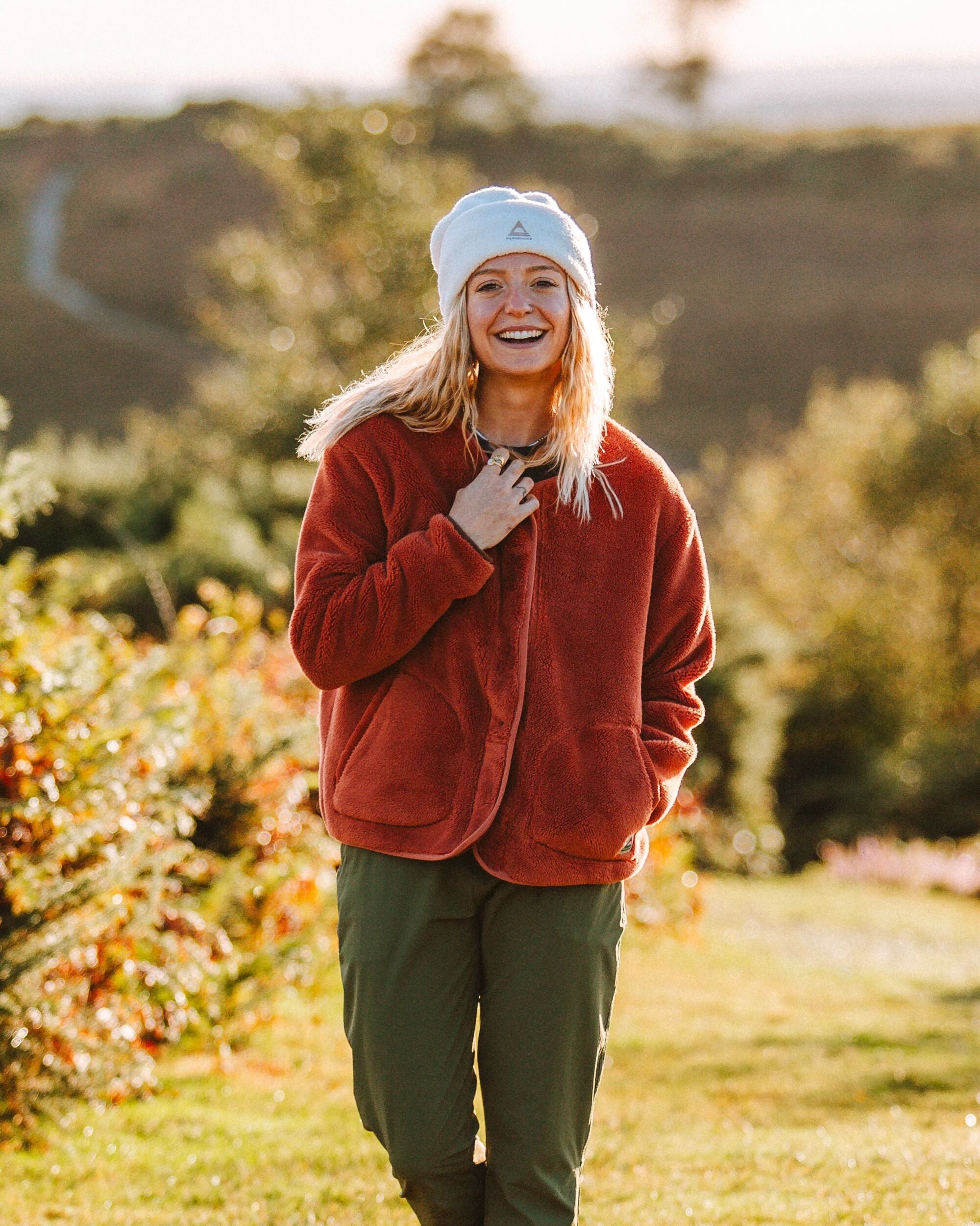 Iris Collarless Recycled Fleece - Baked Clay - Lifestyle