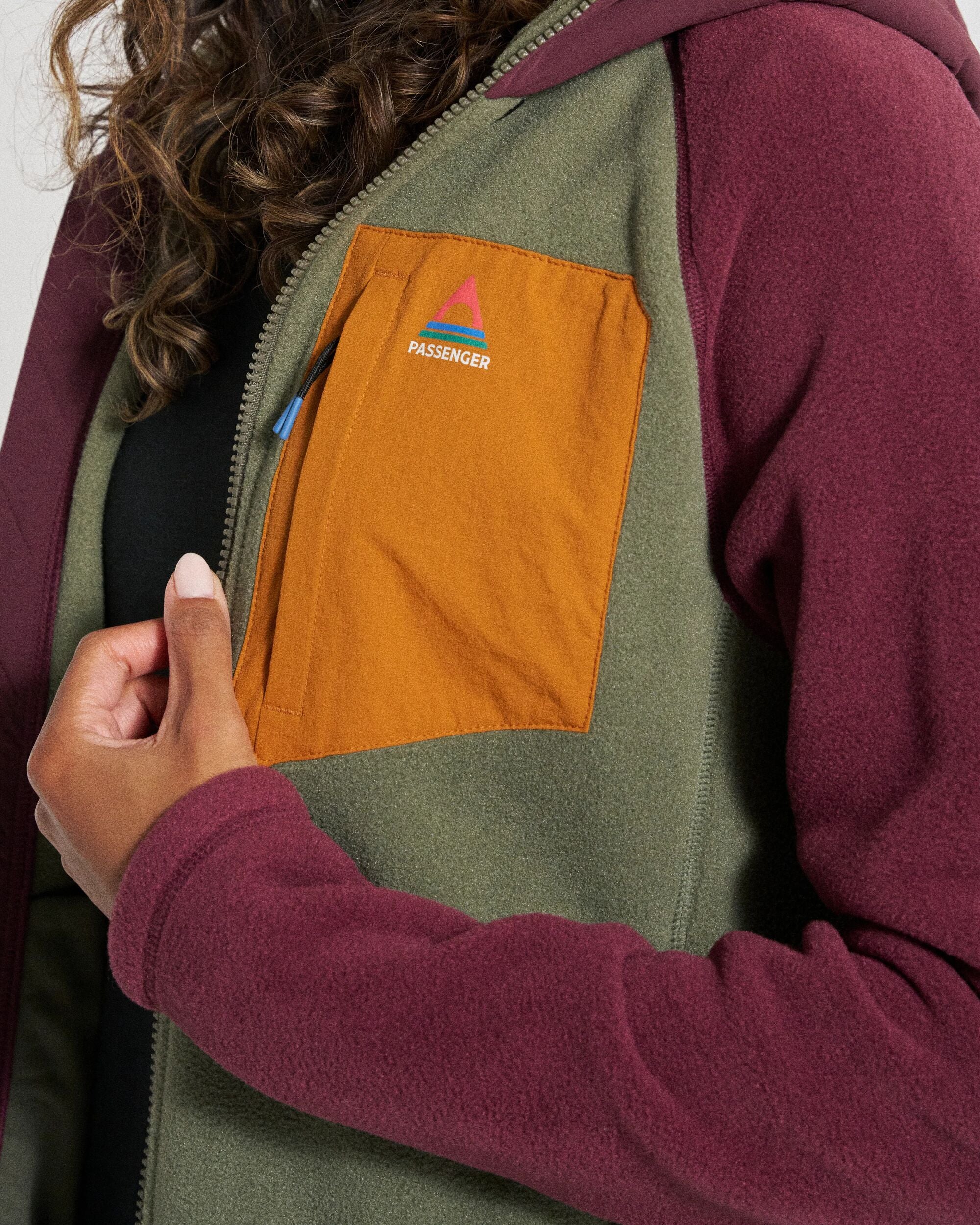Sierrascape Women's Recycled Polartec® Fleece Hoodie - Fig/Dusty Olive - Studio Model