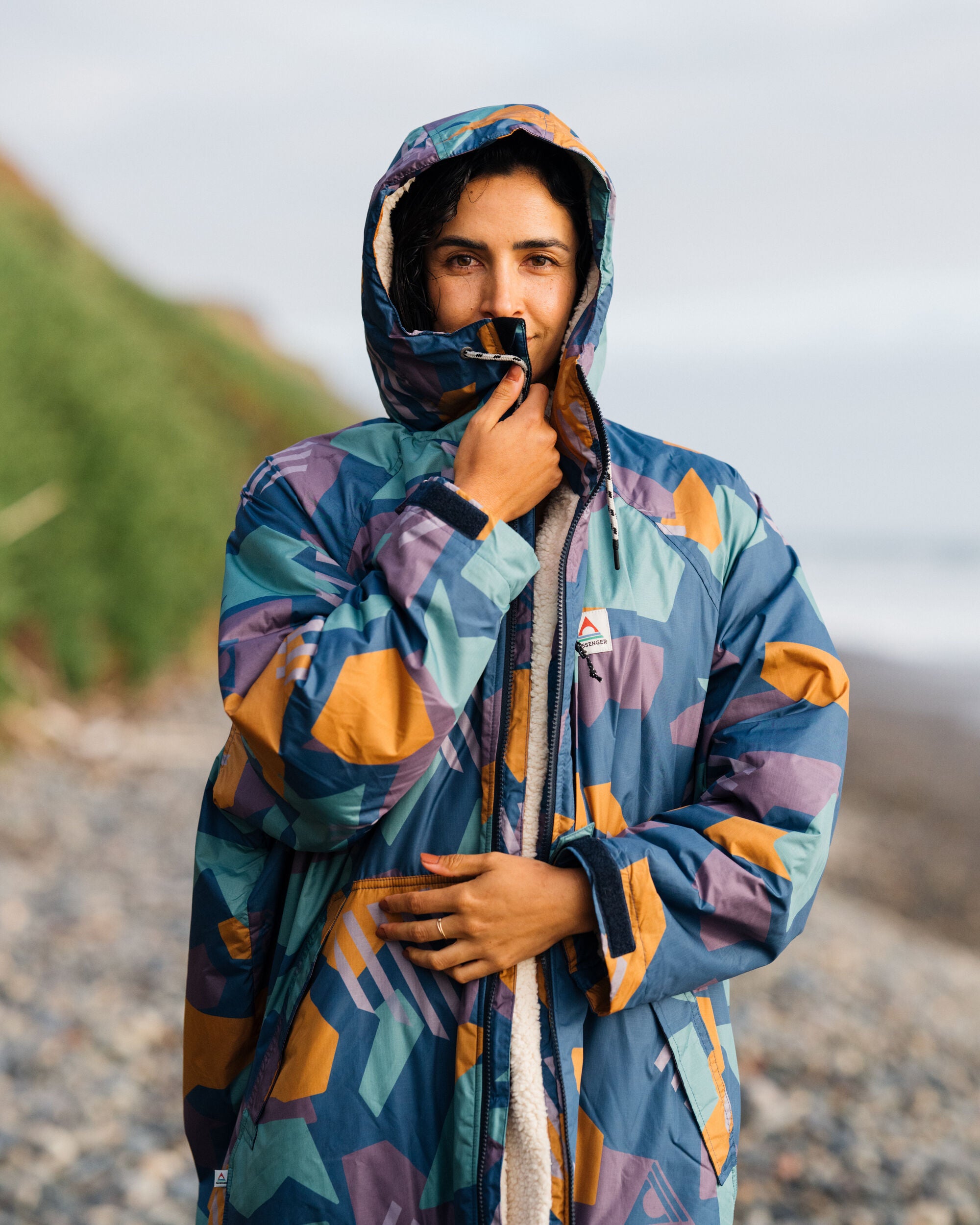 Waves Recycled Sherpa Lined Changing Robe - Deep Blue Camo Pattern - Lifestyle - Female