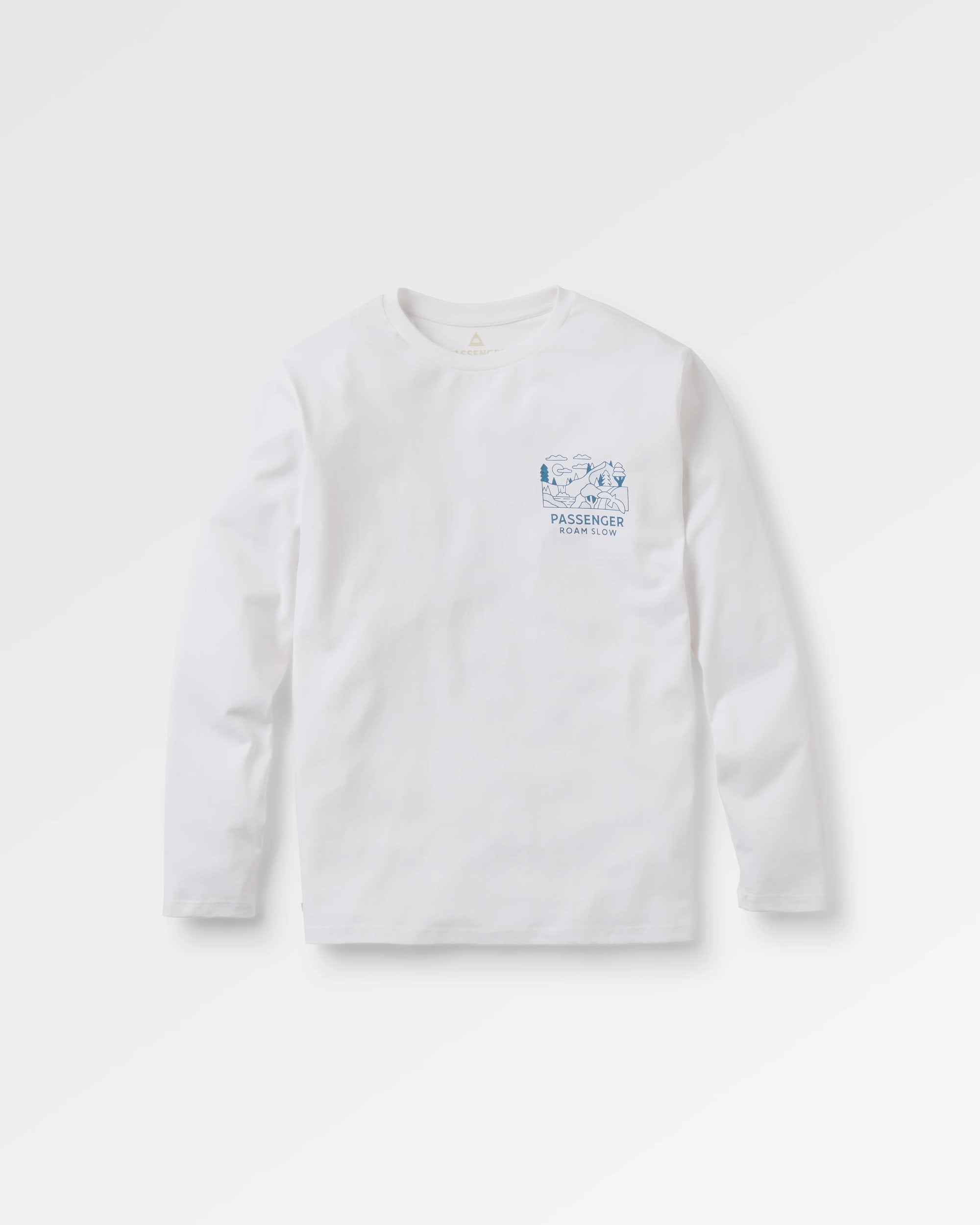 Roam Slow Men's Recycled Cotton LS T-Shirt - White - Flatlay
