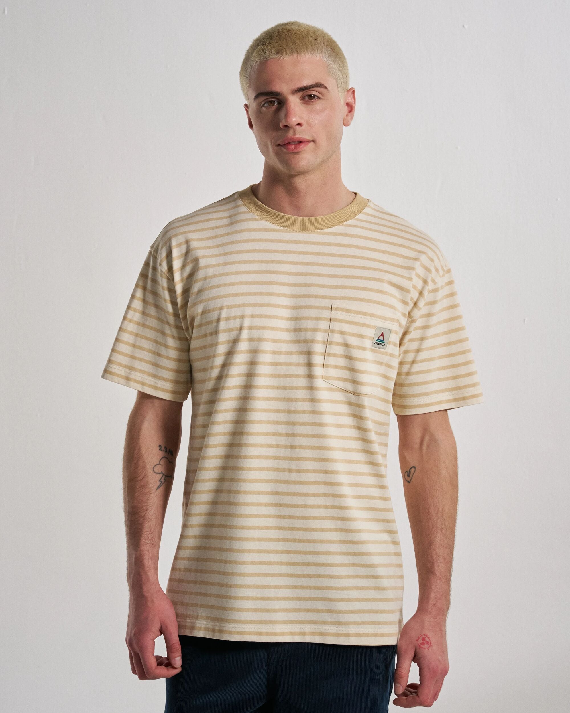Zen Relaxed Fit T-Shirt - Stone Stripe - Studio Model