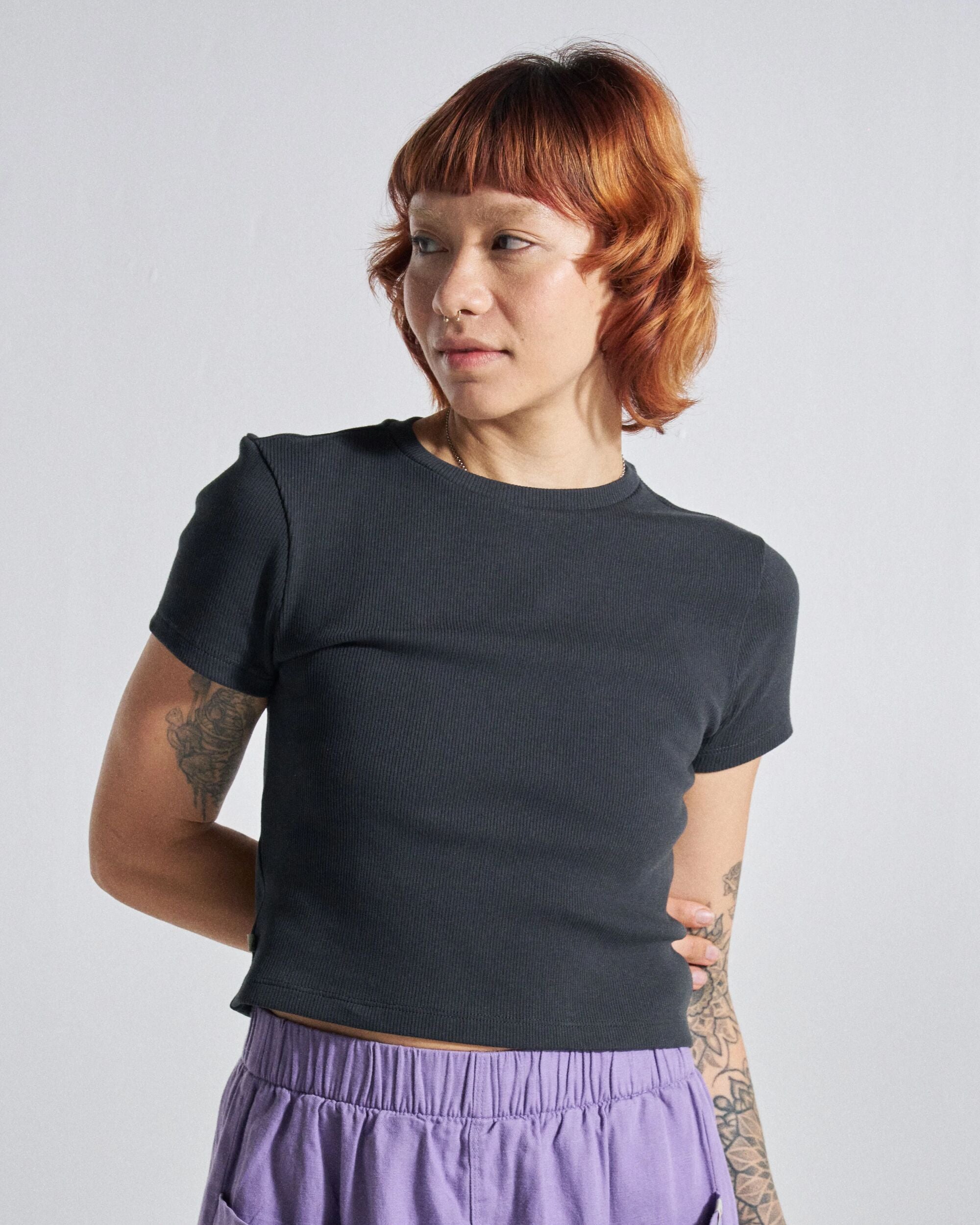 Out There Ribbed Cropped T-Shirt - Faded Black - Studio Model