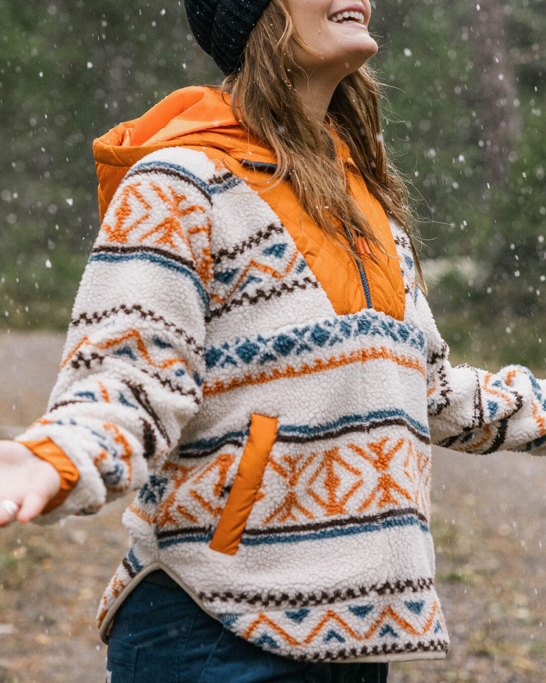 Beaumont Recycled Sherpa Hooded Fleece - Homespun Stripe Sunrise Orange - Lifestyle