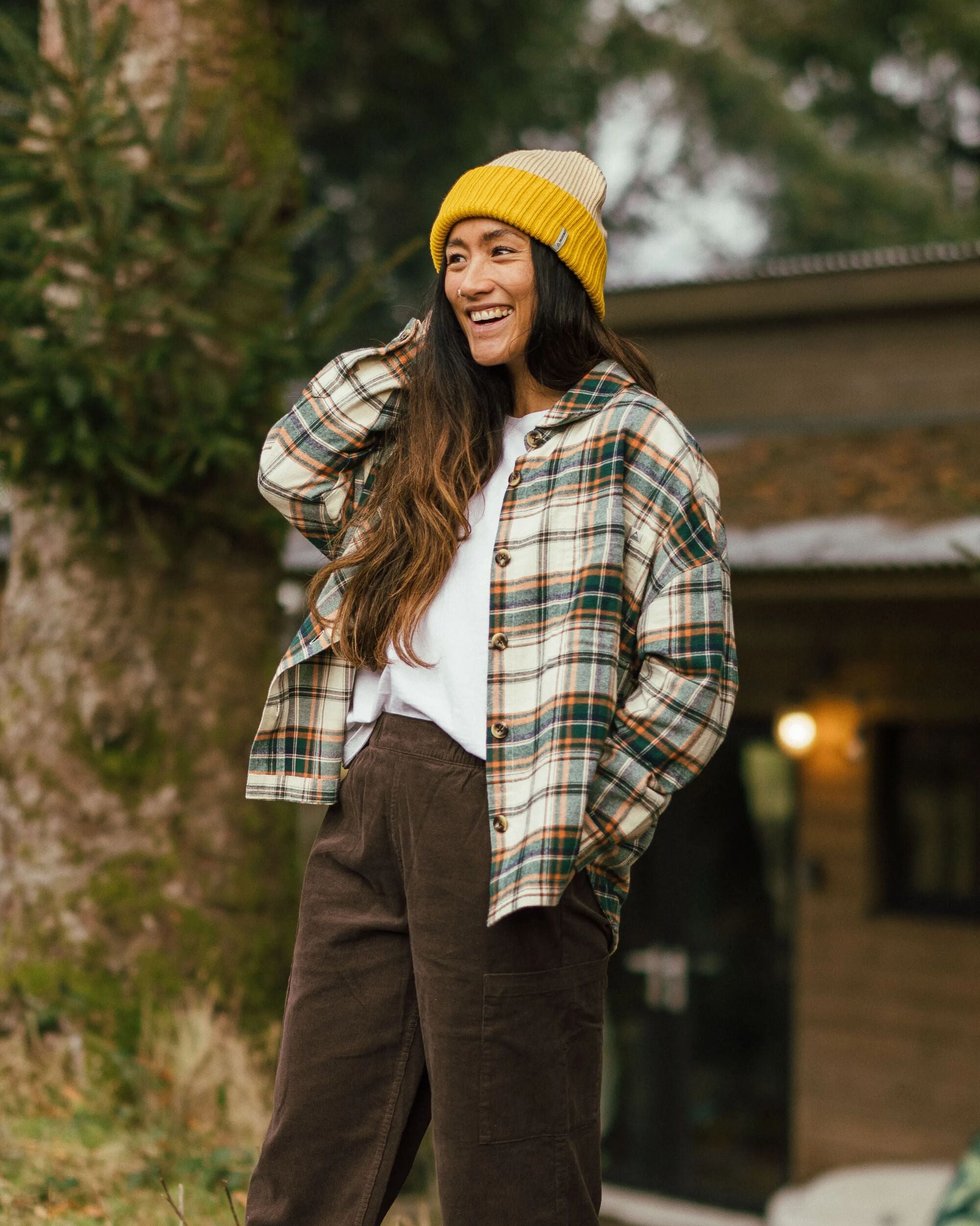 Rootsy Organic Cotton LS Shirt - Birch/Rain Forest Check - Lifestyle