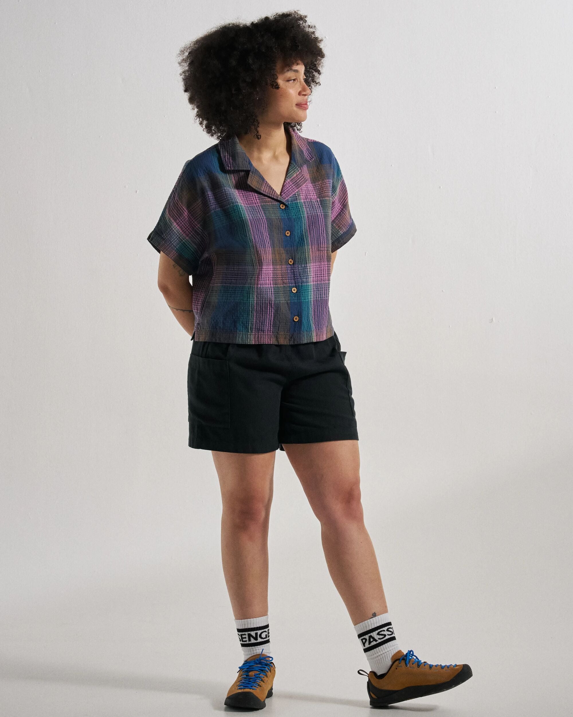 Arden Short Sleeve Shirt - Rich Navy Multi Check - Studio Model