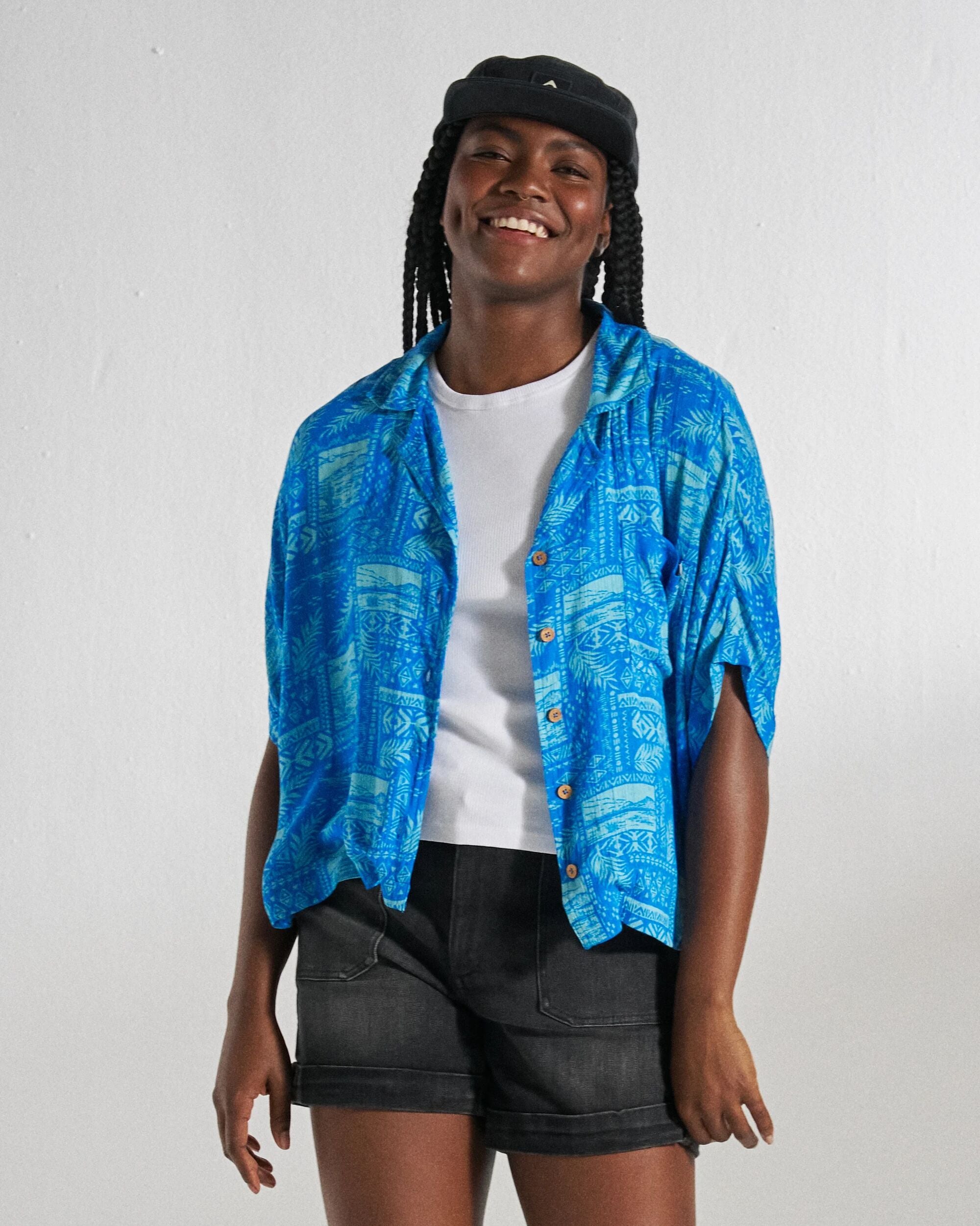 Arden Short Sleeve Shirt Eco Vero - Patchwork Marine Blue - Studio Model