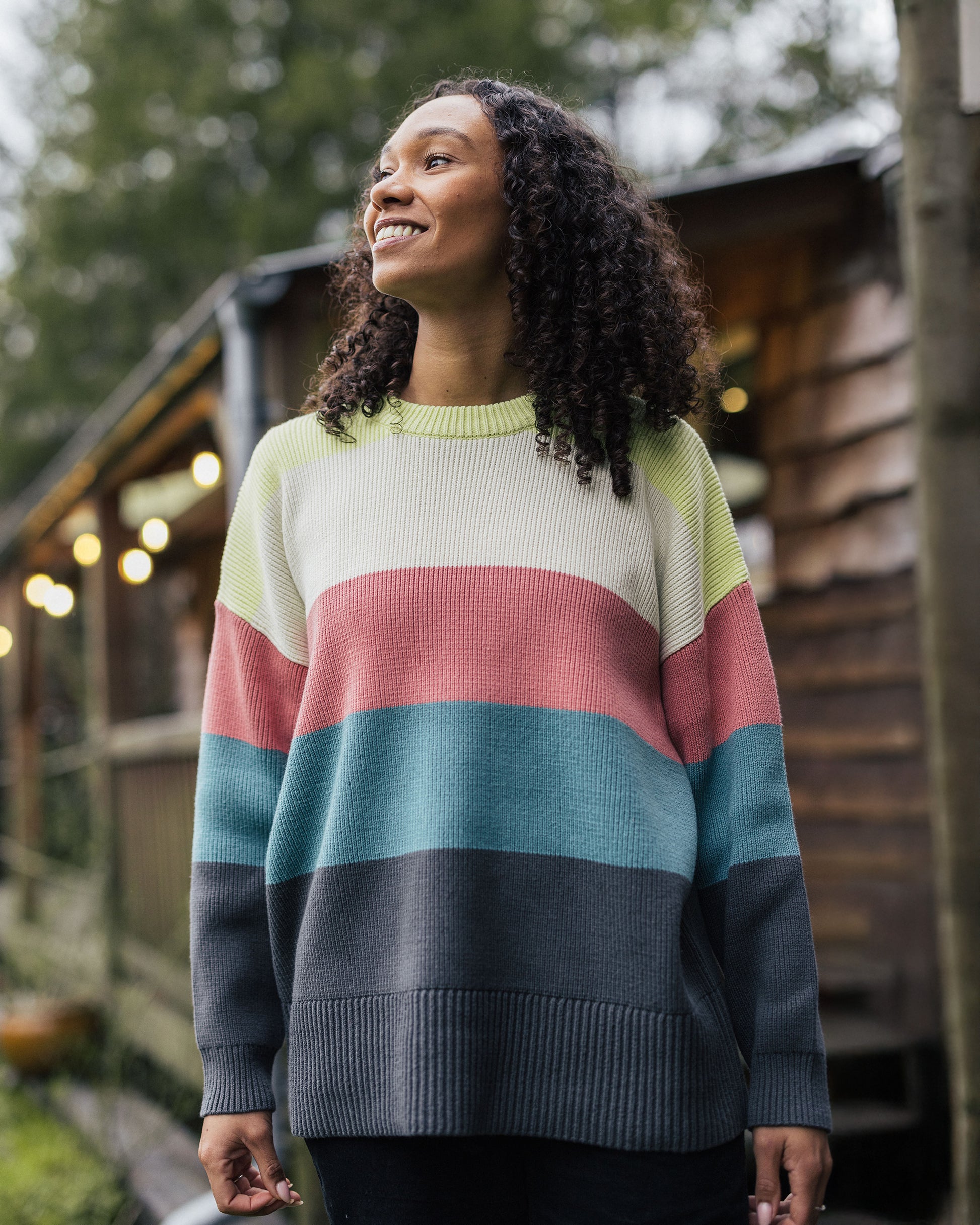 Moments Oversized Organic Knitted Jumper - Lime Multi Stripe