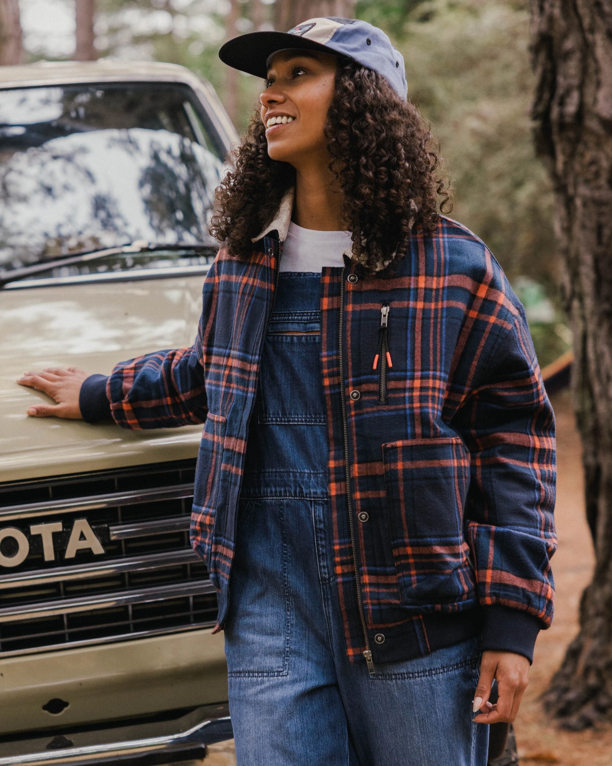 On The Go Insulated Bomber Jacket - Rich Navy/Ember Orange Check  - Lifestyle