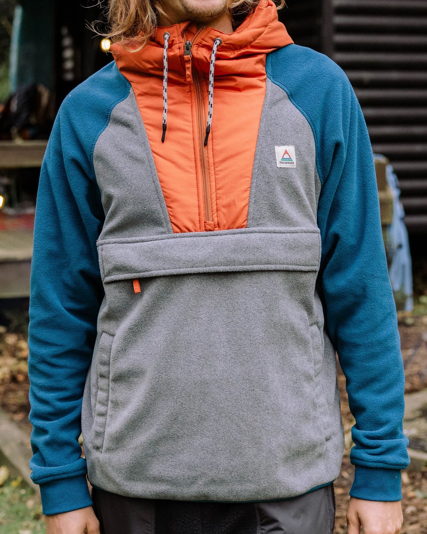 Woodland Hooded 1/2 Zip Recycled Polar Fleece - Grey Marl/ Tidal Blue