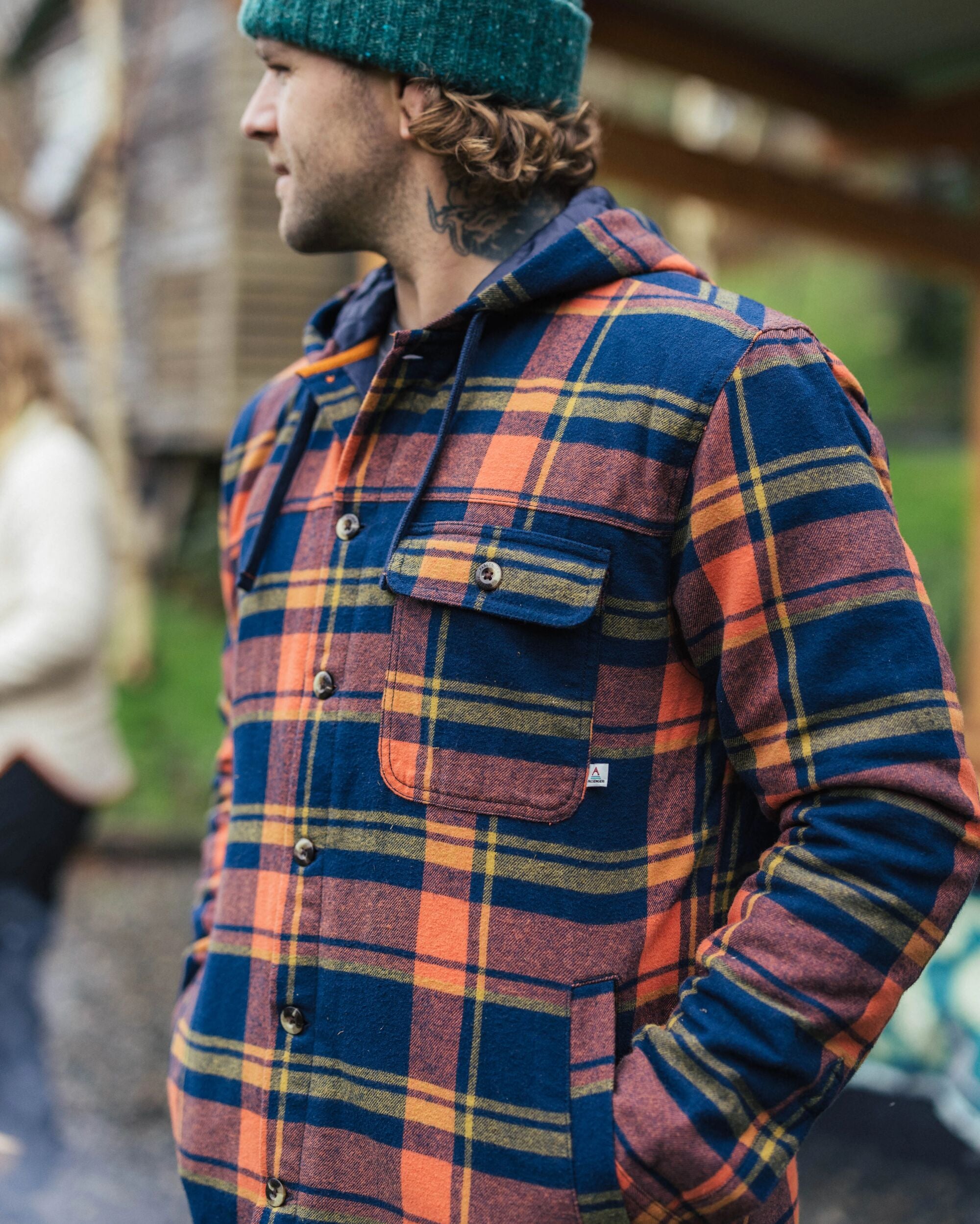 Sherwood Check Hooded Overshirt - Rich Navy/Burnt Orange - Lifestyle