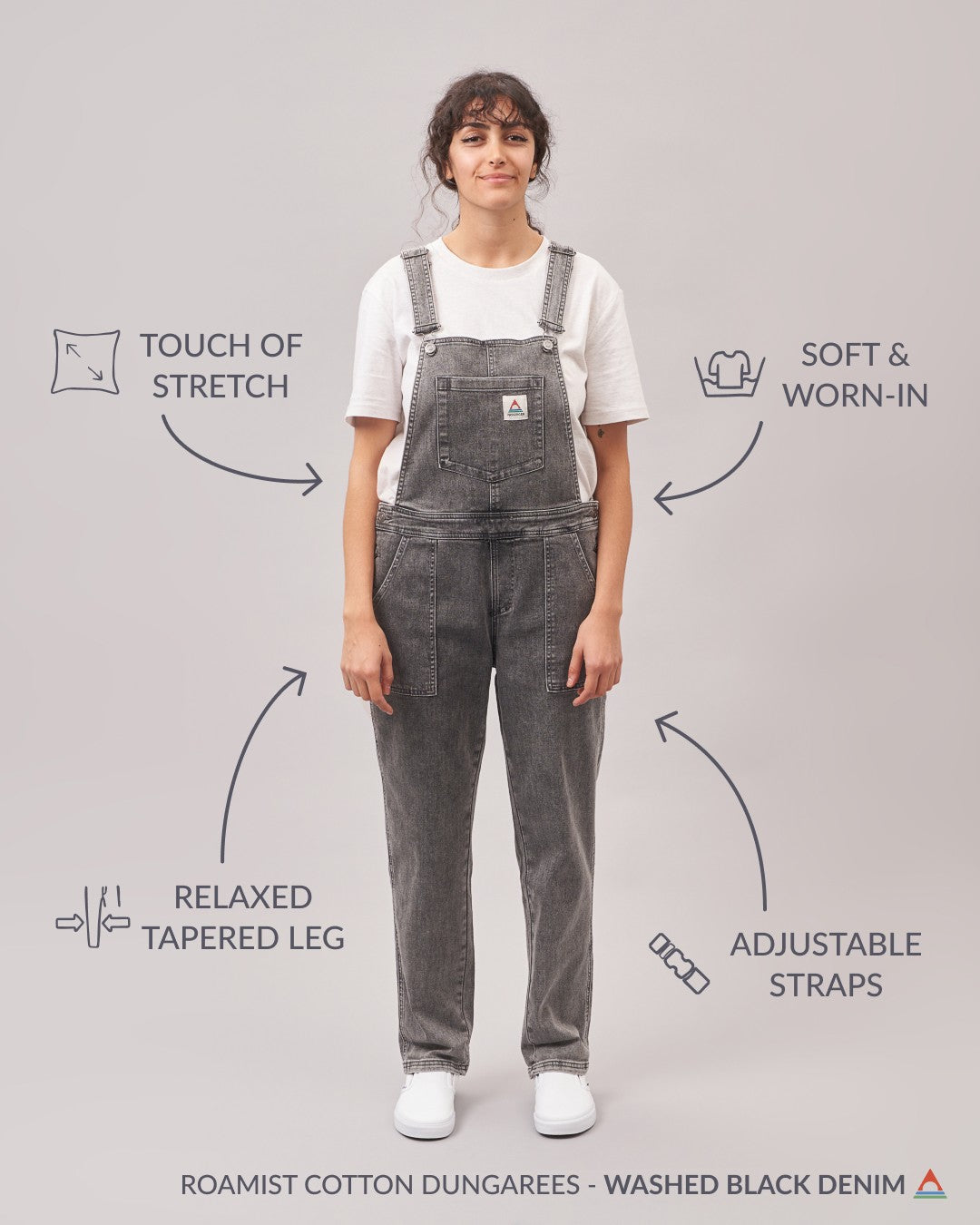 Roamist Organic Cotton Dungarees - Washed Black Denim